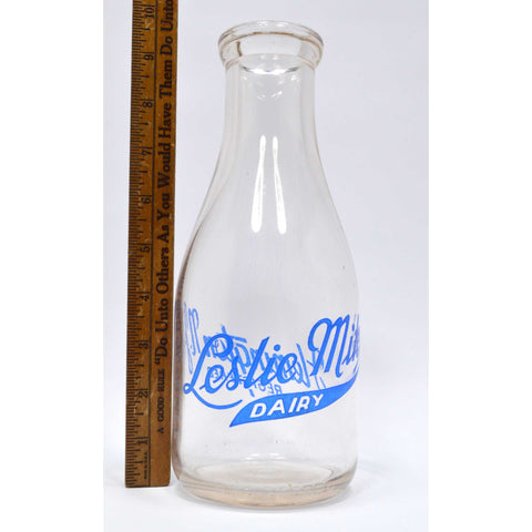 Vintage GLASS NJ MILK BOTTLE Blue Pyro! "LESLIE MIKE DAIRY" Flemington VERY RARE