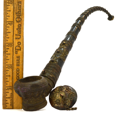 Antique ISLAMIC CHIBOUK SMOKING PIPE Brass & Copper TOPHANE BOWL Ottoman RARE!!