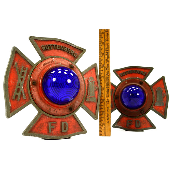 Vintage FIRE TRUCK MALTESE CROSS EMBLEM Cobalt Glass GUTTENBERG NJ Matching Pair
