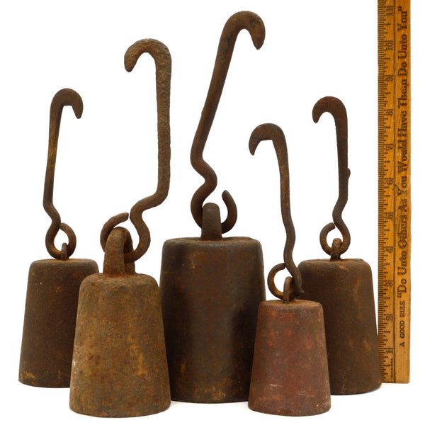 Antique CAST IRON SLIDING SCALE WEIGHT Lot of 5 Hanging HOOK WEIGHTS 22 lb Total