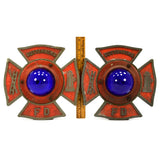 Vintage FIRE TRUCK MALTESE CROSS EMBLEM Cobalt Glass GUTTENBERG NJ Matching Pair