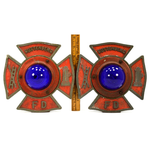 Vintage FIRE TRUCK MALTESE CROSS EMBLEM Cobalt Glass GUTTENBERG NJ Matching Pair