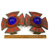 Vintage FIRE TRUCK MALTESE CROSS EMBLEM Cobalt Glass GUTTENBERG NJ Matching Pair