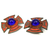 Vintage FIRE TRUCK MALTESE CROSS EMBLEM Cobalt Glass GUTTENBERG NJ Matching Pair
