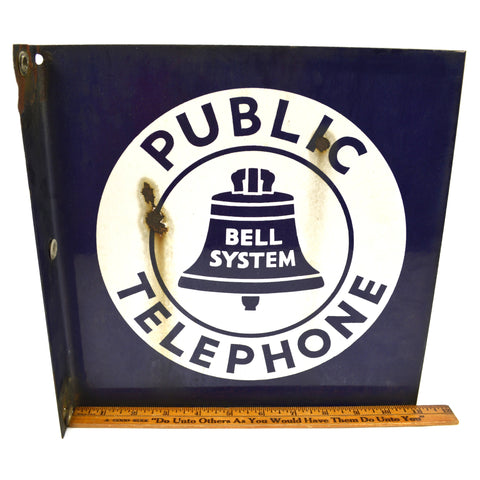 Vintage BELL SYSTEM "PUBLIC TELEPHONE" 11x11" Double-Sided FLANGE SIGN Porcelain