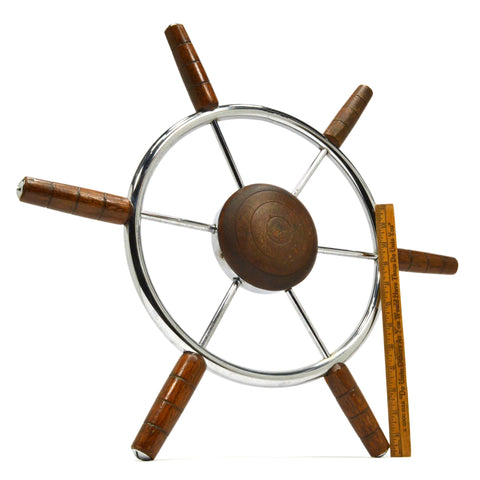 Vintage BOAT STEERING WHEEL 22"dia 6-Spoke NAUTICAL SHIP DECOR Chrome & Hardwood