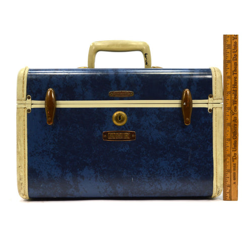 Vintage SAMSONITE #4712 LADIES TRAIN CASE 13"x8"x9" w/ TAG, TRAY & KEY Dark Blue