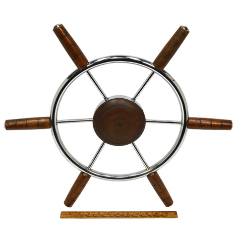 Vintage BOAT STEERING WHEEL 22"dia 6-Spoke NAUTICAL SHIP DECOR Chrome & Hardwood