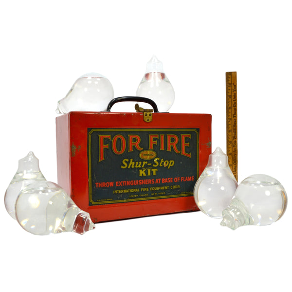 Vintage "SHUR-STOP KIT" 6 Glass FIRE GRENADES in Wall-Mounted METAL BOX! c.1933