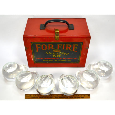 Vintage "SHUR-STOP KIT" 6 Glass FIRE GRENADES in Wall-Mounted METAL BOX! c.1933