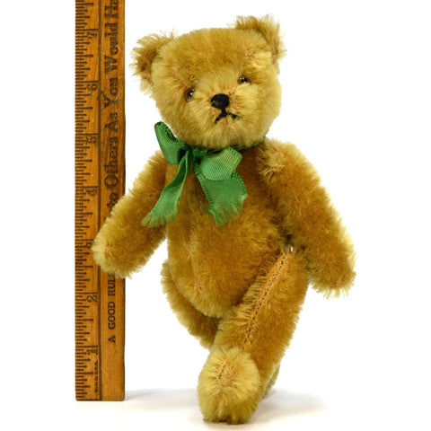 Vintage MOHAIR TEDDY BEAR 7" w/ Green Ribbon Bow NO ID'S 5-Way Jointed! STEIFF?