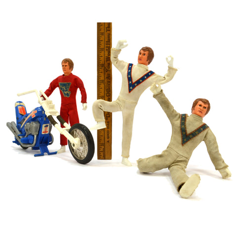 Vintage EVEL KNIEVEL (Evil) ACTION FIGURE Lot of 3 Figures + BLUE CHOPPER c.1972