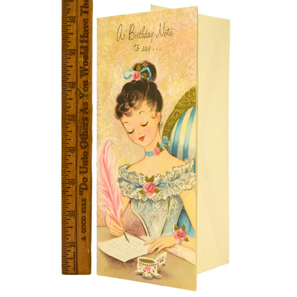 Vintage BIRTHDAY GREETING CARD Unused! CUTE VICTORIAN GIRL Inkwell & Feather Pen