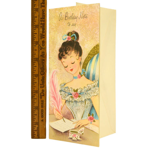 Vintage BIRTHDAY GREETING CARD Unused! CUTE VICTORIAN GIRL Inkwell & Feather Pen