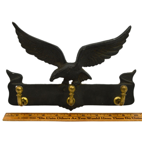 Vintage CAST IRON & BRASS COAT RACK Perched Eagle 3-HOOKS Wall-Mounted PATINA!!
