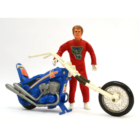 Vintage EVEL KNIEVEL (Evil) ACTION FIGURE Lot of 3 Figures + BLUE CHOPPER c.1972