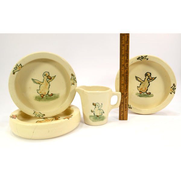 Antique WELLER POTTERY "ZONA" DUCK Lot of 4 BOWLS & CUP Child/Baby Dishes c.1920