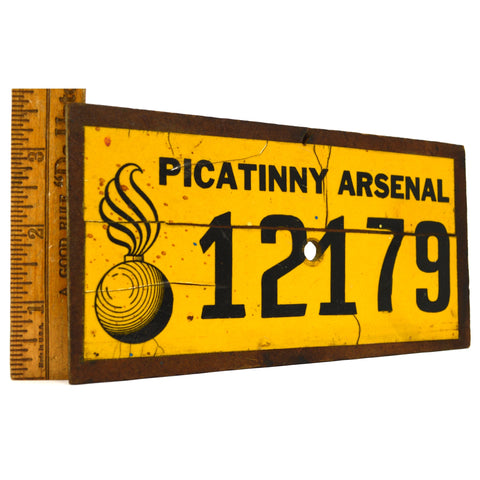 Vintage PICATINNY ARSENAL SIGN/NUMBER-PLATE Sticker on Wood CANNONBALL BOMB LOGO