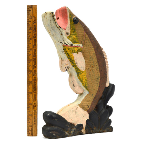 Antique CAST IRON ANDIRON FISH for Doorstop/Repurpose? JUMPING BASS Hand-Painted