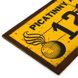 Vintage PICATINNY ARSENAL SIGN/NUMBER-PLATE Sticker on Wood CANNONBALL BOMB LOGO
