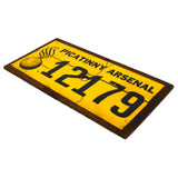 Vintage PICATINNY ARSENAL SIGN/NUMBER-PLATE Sticker on Wood CANNONBALL BOMB LOGO