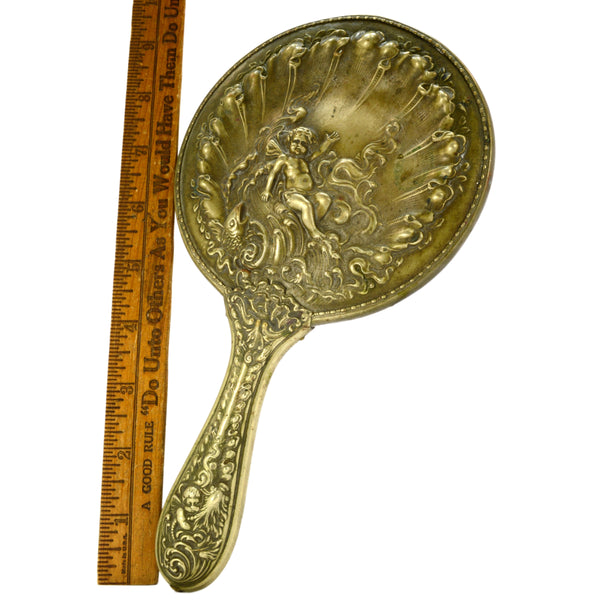 Antique GERMAN SILVER HAND MIRROR Dresser/Vanity VICTORIAN CHERUB Art Nouveau