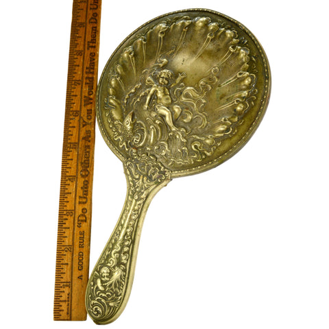 Antique GERMAN SILVER HAND MIRROR Dresser/Vanity VICTORIAN CHERUB Art Nouveau
