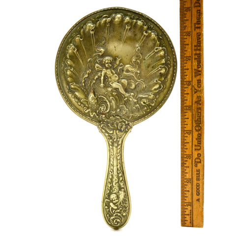 Antique GERMAN SILVER HAND MIRROR Dresser/Vanity VICTORIAN CHERUB Art Nouveau