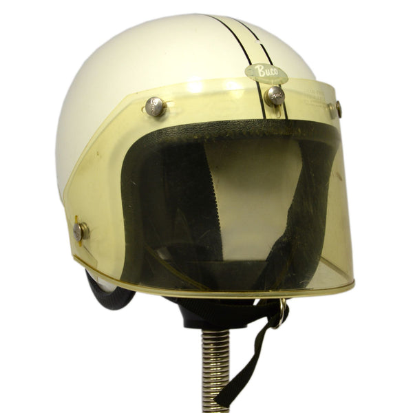 Vintage BUCO MOTORCYCLE HELMET White & Black Pinstripes OPEN FACE w/ FACE SHIELD