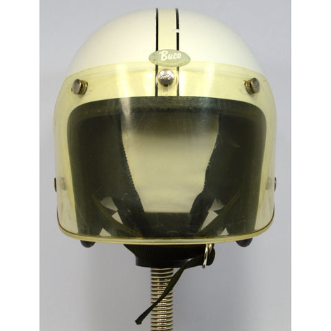 Vintage BUCO MOTORCYCLE HELMET White & Black Pinstripes OPEN FACE w/ FACE SHIELD