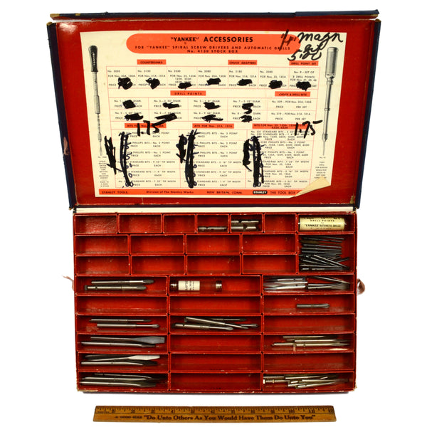 Vintage STANLEY "YANKEE" ACCESSORIES Drill Bit STOCK BOX #4130 Spiral/Push Bits