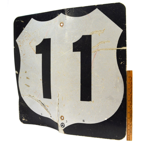 Vintage U.S. ROUTE 11 HIGHWAY ROAD SIGN Reflective BLACK & SILVER 24x24" Patina!
