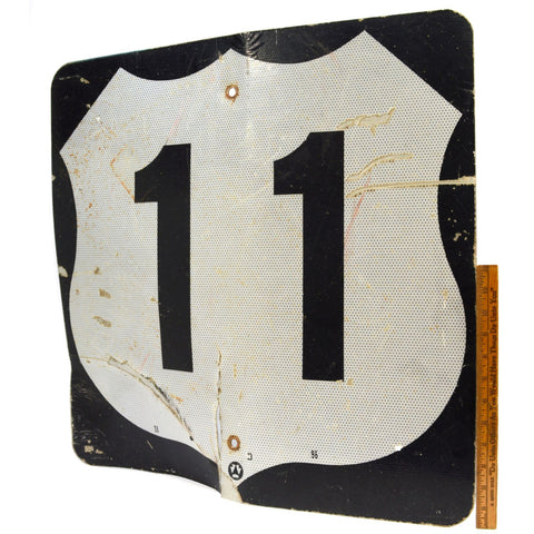Vintage U.S. ROUTE 11 HIGHWAY ROAD SIGN Reflective BLACK & SILVER 24x24" Patina!