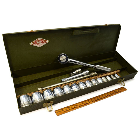 Vintage S-K 18pc SAE SOCKET SET 1/2" Drive #42470 RATCHET Metal Case 7/16-1 1/4"