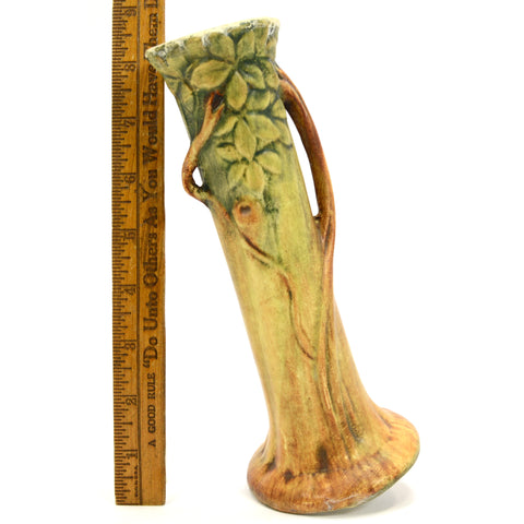 Antique WELLER "WOODCRAFT" BUD VASE 8.25" No Fruit TREE TRUNK Green Leaves c1920