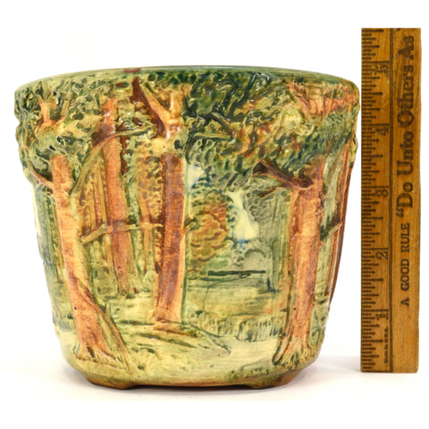 Antique WELLER POTTERY 4-5/8" FOREST JARDINIERE Hand-Signed "XII" 3D FLOWER POT