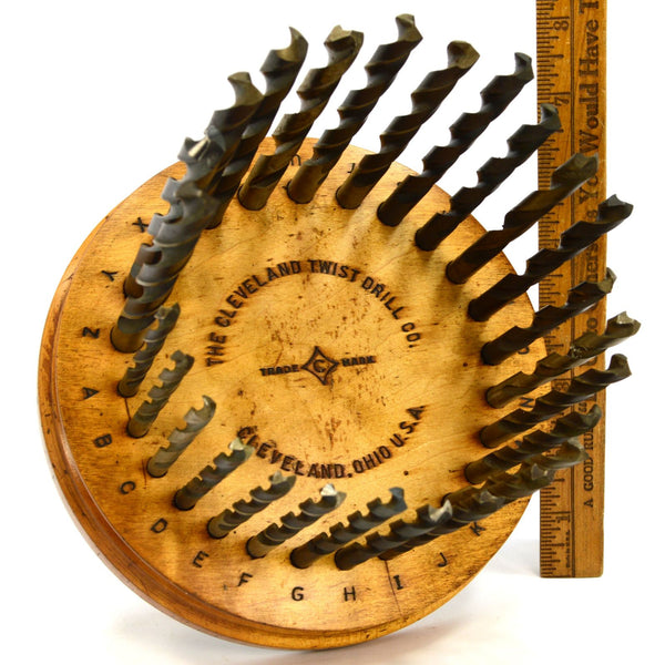 Vintage CLEVELAND TWIST BIT SET of 26 Mixed DRILL BITS in ROUND WOOD STAND Rare!