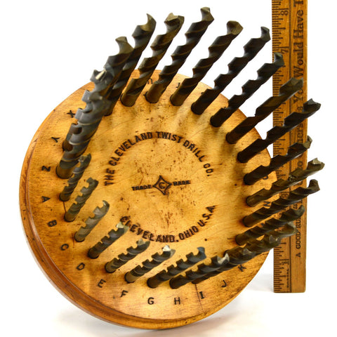 Vintage CLEVELAND TWIST BIT SET of 26 Mixed DRILL BITS in ROUND WOOD STAND Rare!