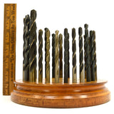 Vintage CLEVELAND TWIST BIT SET of 26 Mixed DRILL BITS in ROUND WOOD STAND Rare!