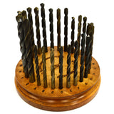 Vintage CLEVELAND TWIST BIT SET of 26 Mixed DRILL BITS in ROUND WOOD STAND Rare!