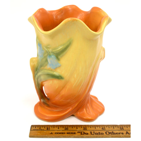 Antique WELLER "ROBA" VASE 6" Signed YELLOW-ORANGE w BLUEBELL FLOWERS Ruffle Lip