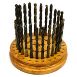 Vintage CLEVELAND TWIST BIT SET of 26 Mixed DRILL BITS in ROUND WOOD STAND Rare!
