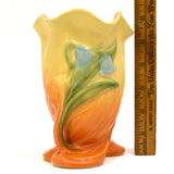 Antique WELLER "ROBA" VASE 6" Signed YELLOW-ORANGE w BLUEBELL FLOWERS Ruffle Lip