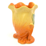 Antique WELLER "ROBA" VASE 6" Signed YELLOW-ORANGE w BLUEBELL FLOWERS Ruffle Lip