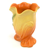 Antique WELLER "ROBA" VASE 6" Signed YELLOW-ORANGE w BLUEBELL FLOWERS Ruffle Lip