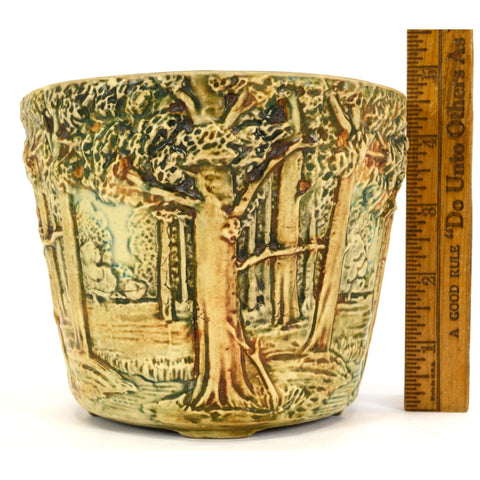 Antique WELLER POTTERY 4-5/8" FOREST JARDINIERE Signed "F"? FLOWER POT Tab Feet