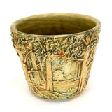 Antique WELLER POTTERY 4-5/8" FOREST JARDINIERE Signed "F"? FLOWER POT Tab Feet