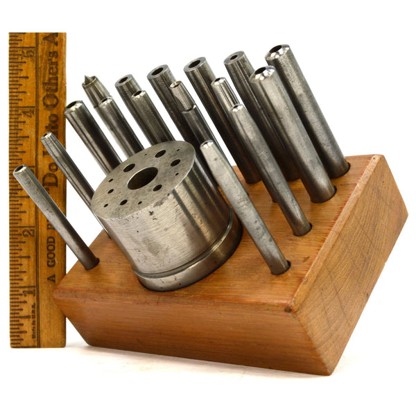 Vintage JEWELER'S STAKING SET Stake/Punch Lot of 17 pcs in WOOD STAND Unbranded