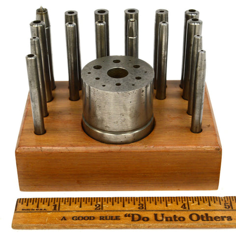 Vintage JEWELER'S STAKING SET Stake/Punch Lot of 17 pcs in WOOD STAND Unbranded