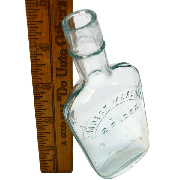 Antique STRAP FLASK 4.75" Pocket WHISKEY BOTTLE Aqua "HONEST MEASURE 2 FLD. OZ."
